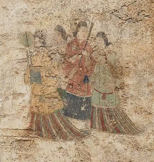 Women's dress with overlapping collar and mo skirt.[14] (Takamatsuzuka Tomb, 7th century)