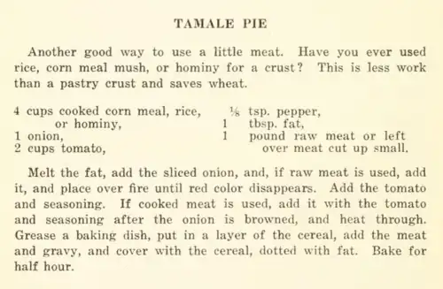 Recipe, with an introduction describing the dish as a good way to stretch meat and save wheat.