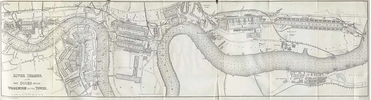 The London docks in 1882. The King George V Dock (and Tilbury Docks, much further downstream) had not yet been built.