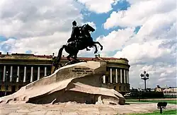 The 1,250 t heavy Thunder Stone in Saint Petersburg, Russia. On top is an equestrian statue of Peter the Great