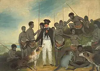 Painting showing a European man standing among a group of Aboriginal people holding spears, with dogs in the foreground.