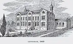 The Congregational School at Lewisham in 1869 after the move there in 1815. 'Lewisham' is also a school house at Caterham today.