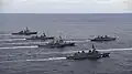 JS Inazuma sails with JS&nbsp;Kirishima, JS&nbsp;Asahi, and JS&nbsp;Chokai with German Navy frigate Bayern leading the way, 21 November 2021.