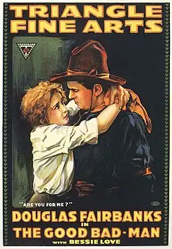 Poster of a worried Bessie Love embracing Douglas Fairbanks, with the caption "Are you for me?"
