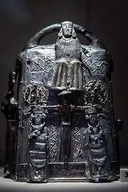 The Guthrie Bell Shrine, 12th century. National Museum of Scotland (NMS). The saint associated with this shrine is unknown.[39]