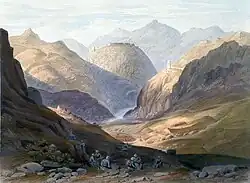The Khyber Pass with the fortress of Alimusjid, lithograph by James Rattray, 1848