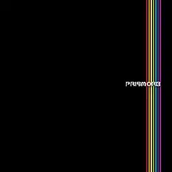 A rainbow strip close to the right side of a black square, with the title next to the artist name, which intersects the strip halfway down