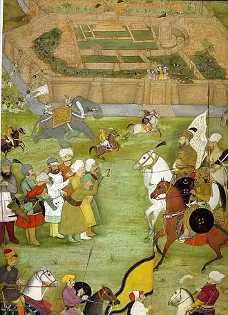 A miniature painting from a Padshahnama manuscript (c. 1640), depicting Mughal Emperor Shah Jahan as bearing a shield with a star and crescent decoration.