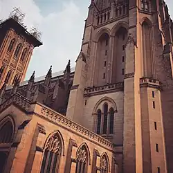 Side view of Washington National Cathedral, with earthquake construction