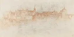 Drawing of the Château d'Amboise (c.&nbsp;1518) attributed to Francesco Melzi, a friend who was with Leonardo da Vinci at the end of his life