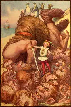 Lillekort with his magic sword struck off the fifteen heads at one blow. Illustration for The Diamond Fairy Book (1911)