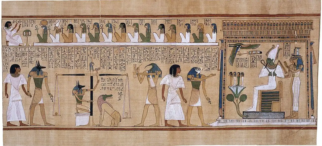 Full view of the Weighing of the Heart from the Papyrus of Hunefer. Ammit is shown next to the scale. Anubis is on her left, and Thoth on her right. c. 1275 BCE, Nineteenth Dynasty.