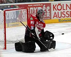 Thomas Greiss stopping a puck