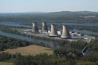 The Three Mile Island nuclear power plant on Three Mile Island, circa 1979