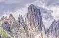 South aspect of Torre Siorpaes viewed from Rifugio Citta di Carpi mountain hut