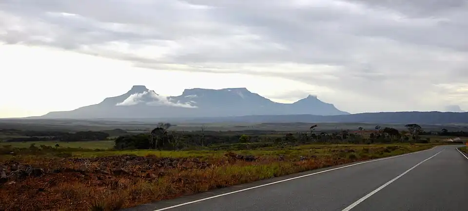 Three tepuis, seen from a distand highway