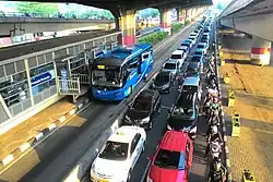 Rapid transit of Transjakarta in Jakarta, separated from heavy traffic