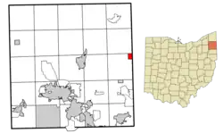 Location of Orangeville in Trumbull County, Ohio.