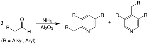 Chichibabin synthesis of a pyridine from three aldehyde molecules and ammonia, using aluminum oxide as a catalyst