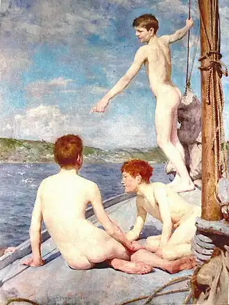 A painting of three nude boys standing on a ship; no frontal nudity appears