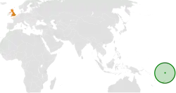 Map indicating locations of Tuvalu and United Kingdom