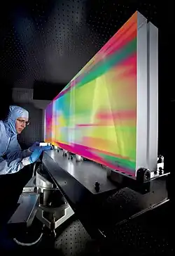 Diffraction grating of the OMEGA EP laser, showing colors reflected from multilayer dielectric coating (MLD)