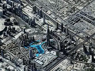Aerial view showing the park surrounding the Burj Khalifa