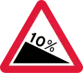 Steep hill downwards (10% is equivalent to 1:10)