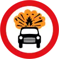 Vehicles carrying explosives (such as fireworks) prohibited. This sign is not actually in the regulations but separately approved by the DfT.