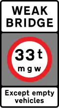 Vehicles exceeding a gross weight of 33 t prohibited from crossing the bridge or structure.[l]
