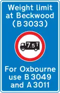 Location of weight restriction ahead with indication of an alternative route[s]