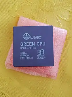 A UMC Green CPU, U5SD 486 33Mhz. 1993. Note the Microsoft Windows compatible logo, corresponding to Windows prior to Windows 95 (Windows 3.11 as year 1993 printed on top).
