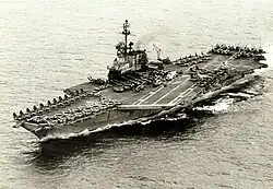 USS Midway transporting 101 ex-VNAF aircraft from Thailand to Guam following the Fall of Saigon