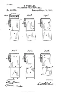 Illustrations from Seth Wheeler's 1891 patent for a toilet paper holder, with six images showing the toilet paper in different stages of tearing.