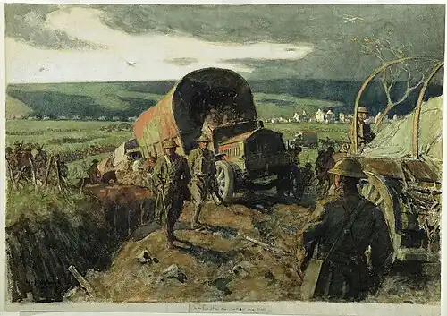 World War I Doughboys and US Army trucks on the move.