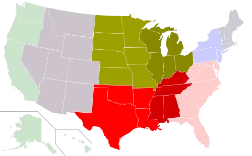 Census Bureau Divisions with "Central" in their name include the West North Central and East North Central in the Midwest, along with the West South Central and East South Central in the South.