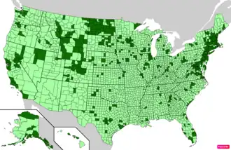 Counties in the United States by per capita income according to the U.S. Census Bureau American Community Survey 2013–2017 5-Year Estimates.[296] Counties with per capita incomes higher than the United States as a whole are in full green.