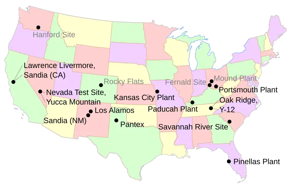 Map of major nuclear sites in the contiguous U.S. Grayed-out sites are not currently active.
