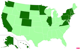 States in the United States by per capita income according to the U.S. Census Bureau American Community Survey 2013–2017 5-Year Estimates.[296] States with per capita incomes higher than the United States as a whole are in full green.