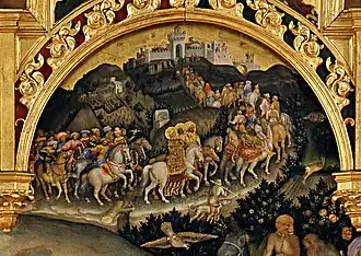 The Magi approaching Jerusalem. Note the two leopards on white horses in front of the Magi.