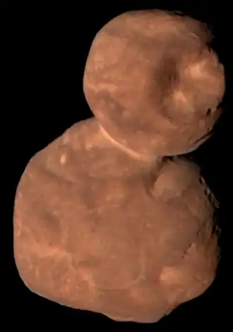 Arrokoth is a lumpy, peanut-shaped body that is colored reddish-orange, as revealed in this photograph taken by the New Horizons spacecraft.