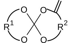 Structural formula of an unsaturated spiro orthocarbonate. This kind of monomer is used as expanding monomer.