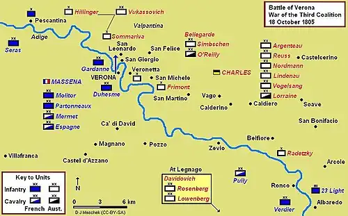 Battle of Verona on 18 October 1805. Vukassovich's position is at the upper left.