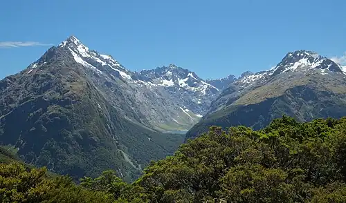 Mount Christina, Mount Crosscut, and Mount Lyttle from Key Summit