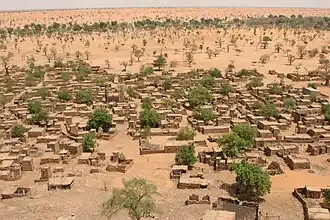Environmental migration. Sparser rainfall leads to desertification that harms agriculture and can displace populations. Shown: Telly, Mali (2008).[271]