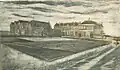 A somewhat sombre drawing of a group of isolated buildings under a heavy sky. There is a nursery with a glasshouse in front
