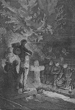 Captain Nemo and the crew of the Nautilus conduct an underwater funeral.
