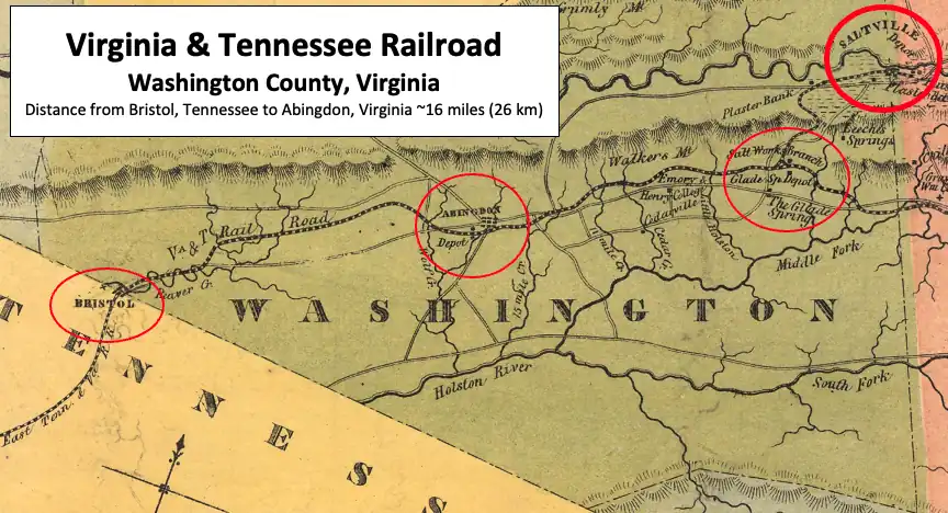 Map with points of interest in Washington County circled including railroad depots, Bristol, and Saltville