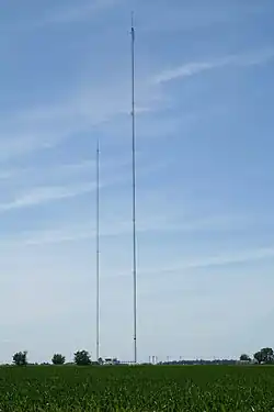 The 411.8-meter (1,351.0&nbsp;ft) tall WBUI tower (left tower) near Argenta, Illinois, 2007.[10]