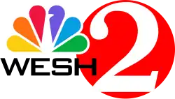 A white serif 2 in a red circle. To the left are the NBC peacock and the black letters "WESH" in a wide, square sans serif.